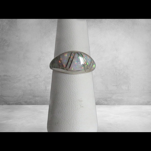 Sterling Silver Inlay White Lab Opal Dome Ring - Picture 8 of 12